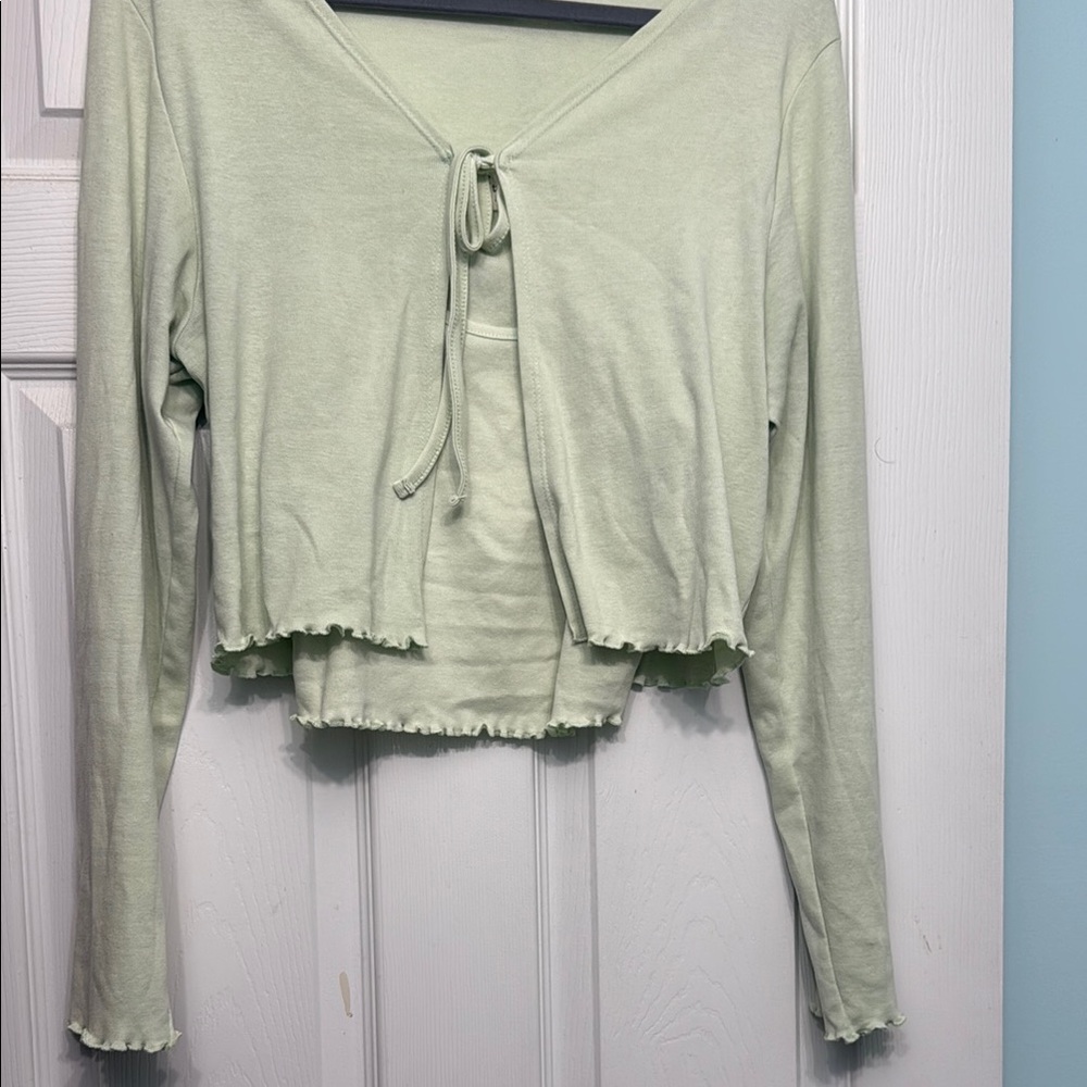 Green Ribbed Long Sleeve Crop Blouse with Tie Front